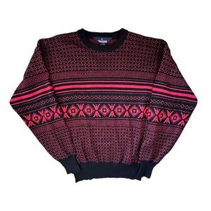 VTG 80s HERMAN'S Red Black Geometric Sweater Wool Blend Size Large